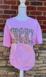 Load image into Gallery viewer, Pink and Green Shamrock Print LUCKY on Pink
