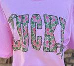 Load image into Gallery viewer, Pink and Green Shamrock Print LUCKY on Pink
