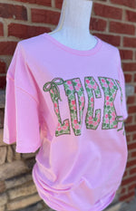 Load image into Gallery viewer, Pink and Green Shamrock Print LUCKY on Pink
