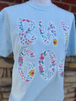 Load image into Gallery viewer, But God Floral with Lace Trim shown on Comfort Colors Chambray
