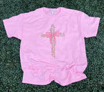 Load image into Gallery viewer, Cross With Leaves And Pink Bow on Pink
