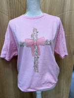 Load image into Gallery viewer, Cross With Leaves And Pink Bow on Pink
