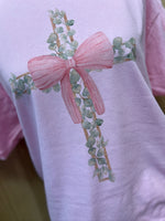 Load image into Gallery viewer, Cross With Leaves And Pink Bow on Pink
