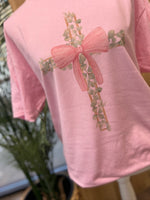 Load image into Gallery viewer, Cross With Leaves And Pink Bow on Pink
