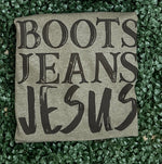 Load image into Gallery viewer, Boots Jeans Jesus on Tultex Heather Military Green
