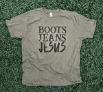 Load image into Gallery viewer, Boots Jeans Jesus on Tultex Heather Military Green
