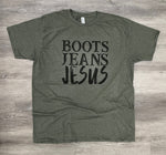 Load image into Gallery viewer, Boots Jeans Jesus on Tultex Heather Military Green
