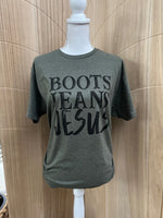 Load image into Gallery viewer, Boots Jeans Jesus on Tultex Heather Military Green
