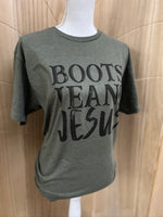 Load image into Gallery viewer, Boots Jeans Jesus on Tultex Heather Military Green
