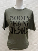 Load image into Gallery viewer, Boots Jeans Jesus on Tultex Heather Military Green
