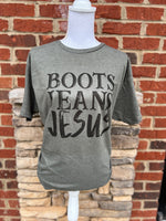 Load image into Gallery viewer, Boots Jeans Jesus on Tultex Heather Military Green
