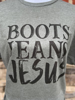 Load image into Gallery viewer, Boots Jeans Jesus on Tultex Heather Military Green
