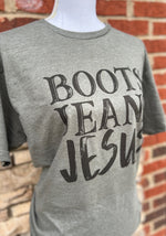 Load image into Gallery viewer, Boots Jeans Jesus on Tultex Heather Military Green
