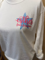 Load image into Gallery viewer, Front/Back Girl Be Too Much Esther on White Long Sleeve T-Shirt
