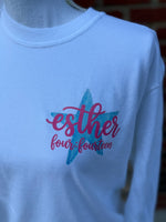 Load image into Gallery viewer, Front/Back Girl Be Too Much Esther on White Long Sleeve T-Shirt
