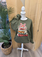 Load image into Gallery viewer, Christmas Book Stack on Olive Pocket Sweatshirt
