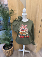 Load image into Gallery viewer, Christmas Book Stack on Olive Pocket Sweatshirt
