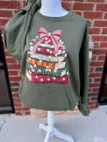 Load image into Gallery viewer, Christmas Book Stack on Olive Pocket Sweatshirt
