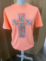 Load image into Gallery viewer, Floral Cross on Comfort Colors (Shown on Neon Cantaloupe)
