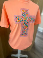 Load image into Gallery viewer, Floral Cross on Comfort Colors (Shown on Neon Cantaloupe)
