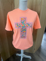 Load image into Gallery viewer, Floral Cross on Comfort Colors (Shown on Neon Cantaloupe)
