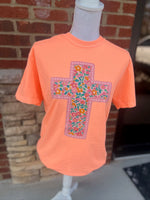 Load image into Gallery viewer, Floral Cross on Comfort Colors (Shown on Neon Cantaloupe)
