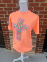 Load image into Gallery viewer, Floral Cross on Comfort Colors (Shown on Neon Cantaloupe)
