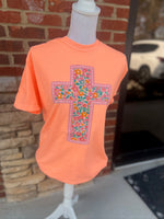 Load image into Gallery viewer, Floral Cross on Comfort Colors (Shown on Neon Cantaloupe)
