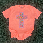 Load image into Gallery viewer, Floral Cross on Comfort Colors (Shown on Neon Cantaloupe)

