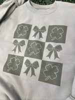 Load image into Gallery viewer, Shamrocks and Bows Sweatshirt on Stonewash Green
