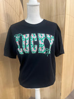Load image into Gallery viewer, Pink and Green Shamrock Print LUCKY on Comfort Colors (Shown on Black)
