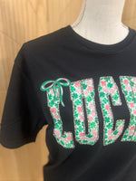 Load image into Gallery viewer, Pink and Green Shamrock Print LUCKY on Comfort Colors (Shown on Black)
