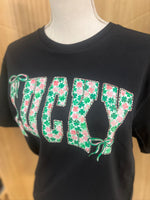 Load image into Gallery viewer, Pink and Green Shamrock Print LUCKY on Comfort Colors (Shown on Black)
