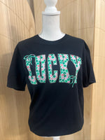 Load image into Gallery viewer, Pink and Green Shamrock Print LUCKY on Comfort Colors (Shown on Black)
