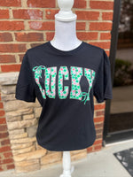 Load image into Gallery viewer, Pink and Green Shamrock Print LUCKY on Comfort Colors (Shown on Black)
