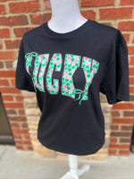 Load image into Gallery viewer, Pink and Green Shamrock Print LUCKY on Comfort Colors (Shown on Black)
