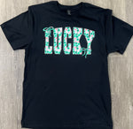 Load image into Gallery viewer, Pink and Green Shamrock Print LUCKY on Comfort Colors (Shown on Black)
