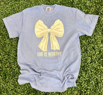 Load image into Gallery viewer, She Is Worthy Bow on Comfort Colors (Shown on Washed Denim)
