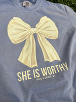 Load image into Gallery viewer, She Is Worthy Bow on Comfort Colors (Shown on Washed Denim)
