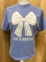 Load image into Gallery viewer, She Is Worthy Bow on Comfort Colors (Shown on Washed Denim)
