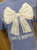 Load image into Gallery viewer, She Is Worthy Bow on Comfort Colors (Shown on Washed Denim)
