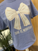 Load image into Gallery viewer, She Is Worthy Bow on Comfort Colors (Shown on Washed Denim)
