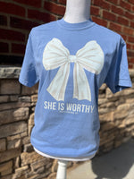 Load image into Gallery viewer, She Is Worthy Bow on Comfort Colors (Shown on Washed Denim)
