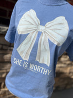 Load image into Gallery viewer, She Is Worthy Bow on Comfort Colors (Shown on Washed Denim)
