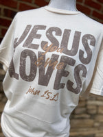 Load image into Gallery viewer, Distressed Jesus Loves You And Me on Cream
