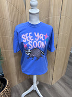 Load image into Gallery viewer, Front/Back See Ya Soon Racoon on Comfort Colors Flo Blue
