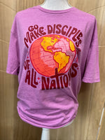 Load image into Gallery viewer, Go Make Disciples Of All Nations Pink Text on Gildan Softstyle Heather Radiant Orchid
