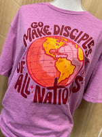 Load image into Gallery viewer, Go Make Disciples Of All Nations Pink Text on Gildan Softstyle Heather Radiant Orchid
