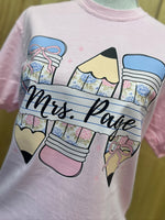 Load image into Gallery viewer, Custom Name Pencil Trio Teacher Tee on Comfort Colors (Shown on Blossom)
