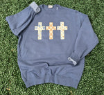 Load image into Gallery viewer, Multi-pattern Cross Trio on Beach Wash Denim Sweatshirt

